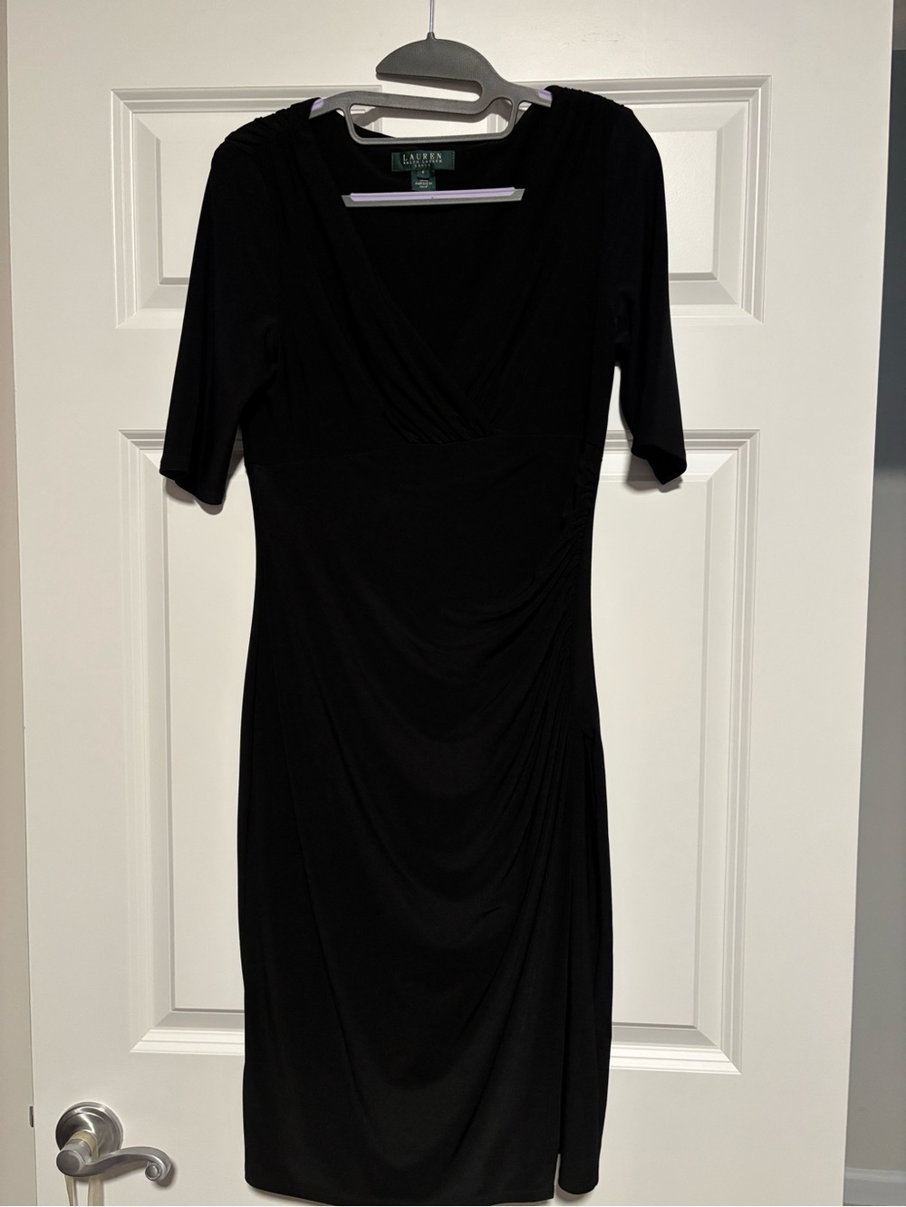 Ralph Lauren Black Ruched V-Neck Midi Sheath Dress
